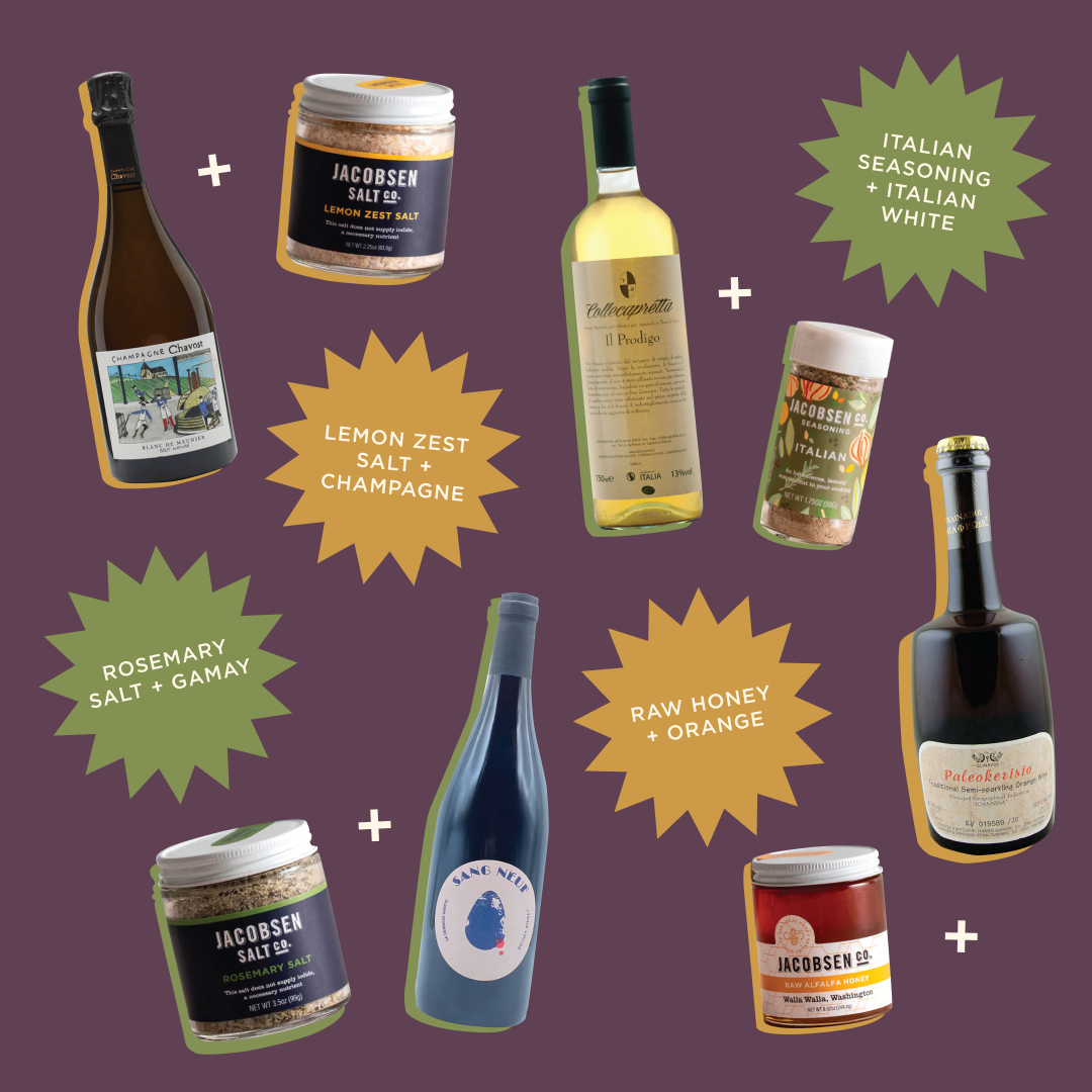 A graphic of different wine and seasoning pairings on an eggplant-colored background.