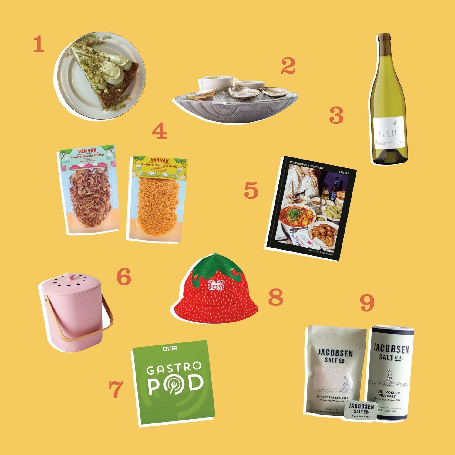 Nine items described in the blog post, stylized on a yellow backdrop.