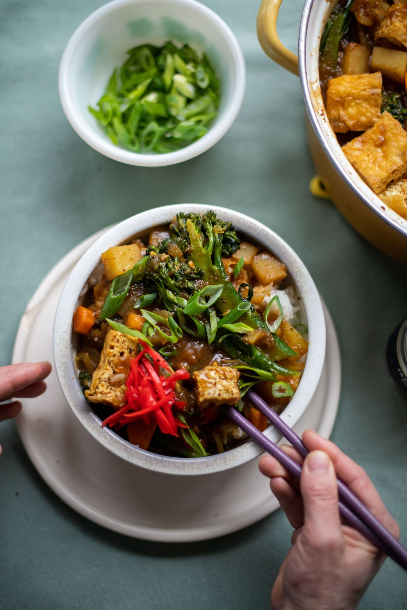 A person uses chopsticks to grab a bite of tofu from a bowl of curry.