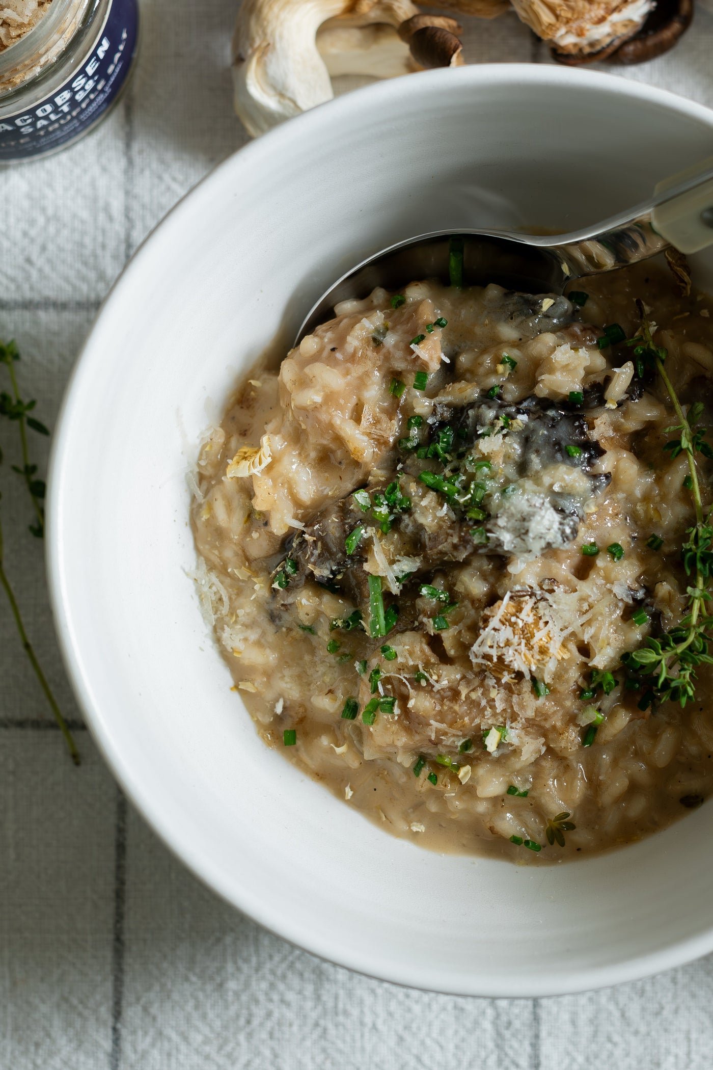 A bowl of mushroom risotto.