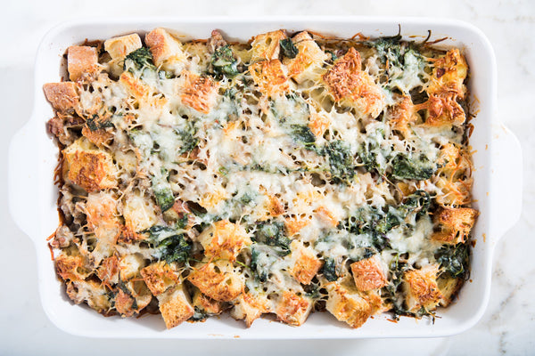 A baking dish with breakfast strata.