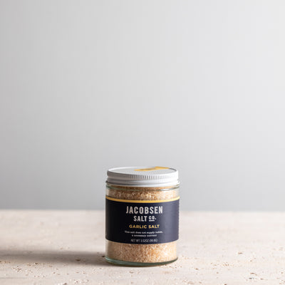 A 3.52 oz jar of Jacobsen Infused Garlic Salt.
