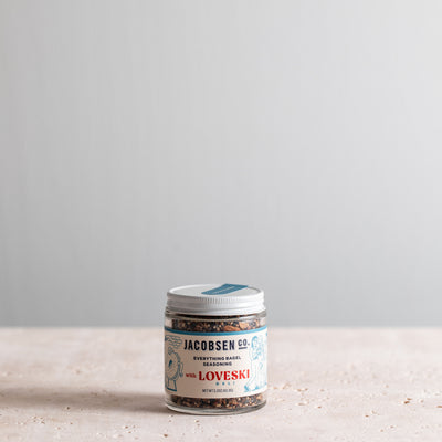 2.2 oz jar of Jacobsen Co. Everything Bagel Seasoning, a collaboration with Loveski Deli