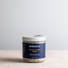 A jar of Jacobsen Co. Savory Citrus Brine on a plain background.