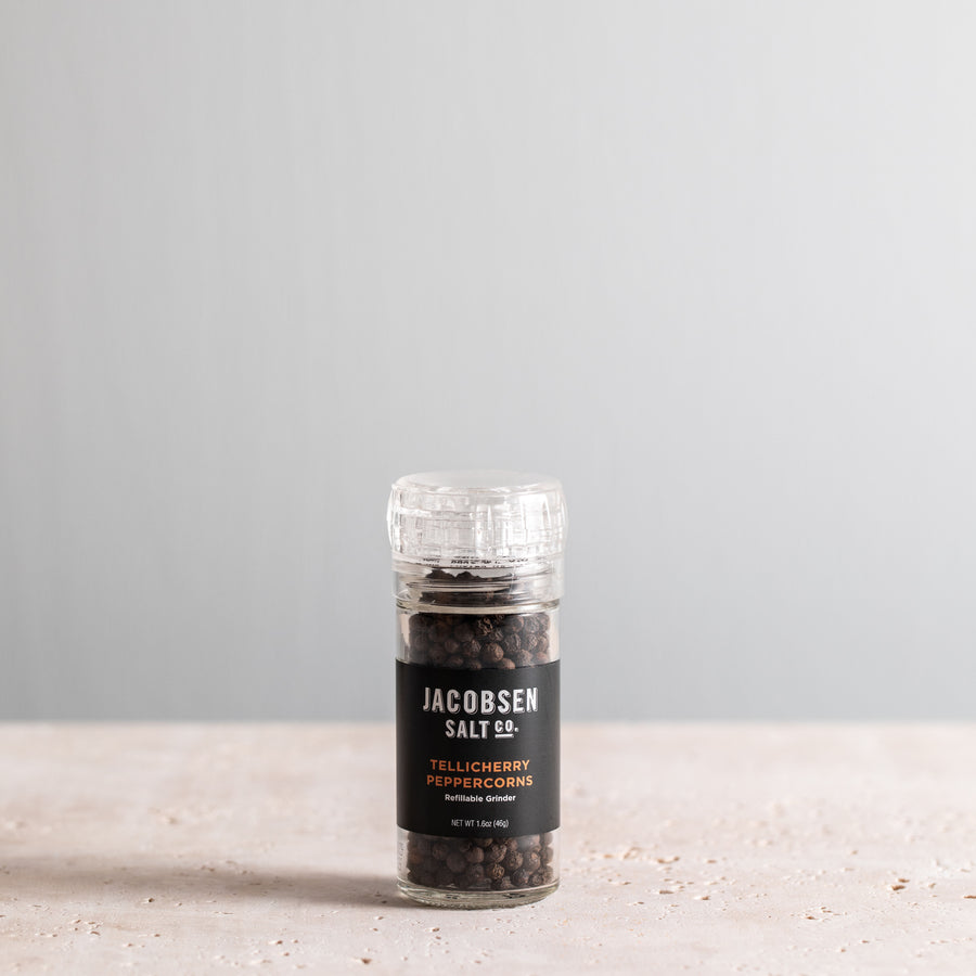 1.5 oz glass grinder of Jacobsen Tellicherry Peppercorns