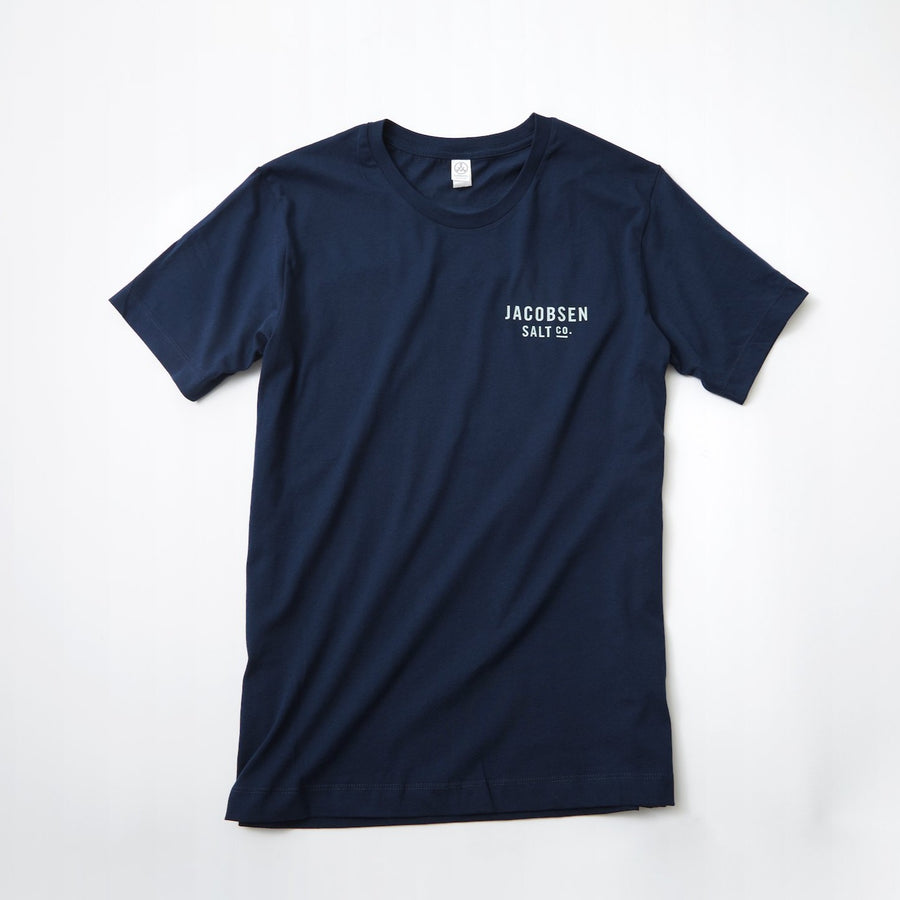 Jacobsen Salt Co. Netarts Bay T-Shirt, blue shirt with small Jacobsen Salt Co. logo on left chest