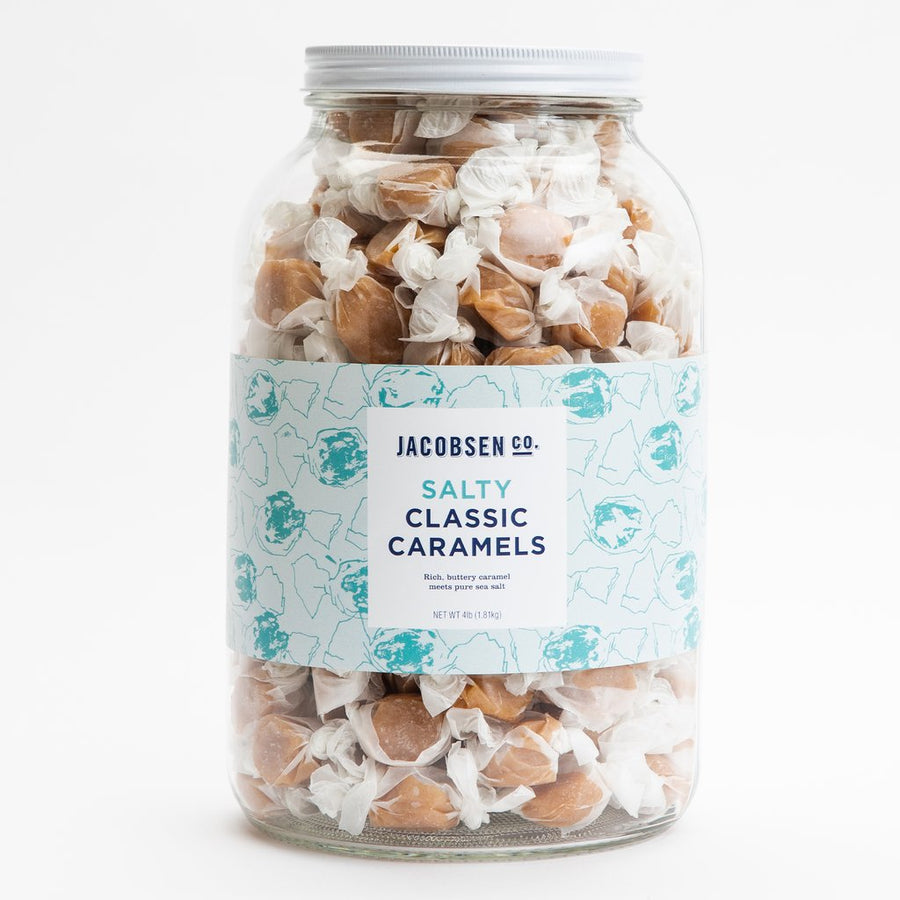 Salty Classic Caramels in a 4lb glass container